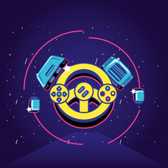 video game with steering wheel retro style and icons