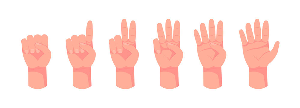 Hand Count. Flat Finger And Number Isolated On White Background. Vector Set Of Nonverbal Sign - Fist, Victory, Pointing Up. One, Two, Three, Four, Five Hand Character.