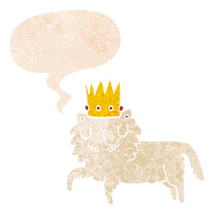 cartoon cat wearing crown and speech bubble in retro textured style