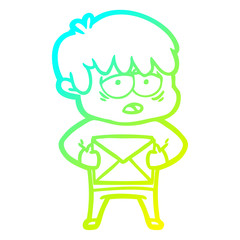 cold gradient line drawing cartoon exhausted boy with letter