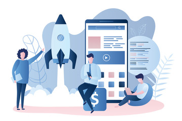 Start up project concept,rocket take off,teamwork and big mobile phone with application