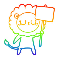 rainbow gradient line drawing cartoon lion with protest sign