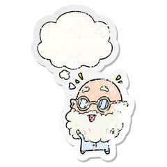 cartoon surprised old man and thought bubble as a distressed worn sticker