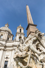Fototapeta na wymiar Detail of Four Rivers Fountain (Fontana dei Quattro Fiumi) and Sant'Agnese in Agone church in Navona square, Rome, Italy.
