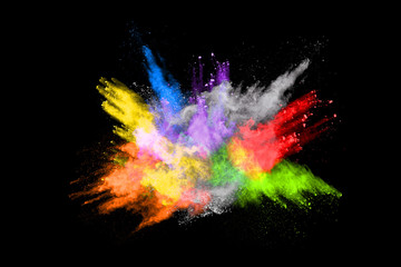 abstract colored dust explosion on a black background.abstract powder splatted background,Freeze motion of color powder exploding/throwing color powder, multicolored glitter texture.