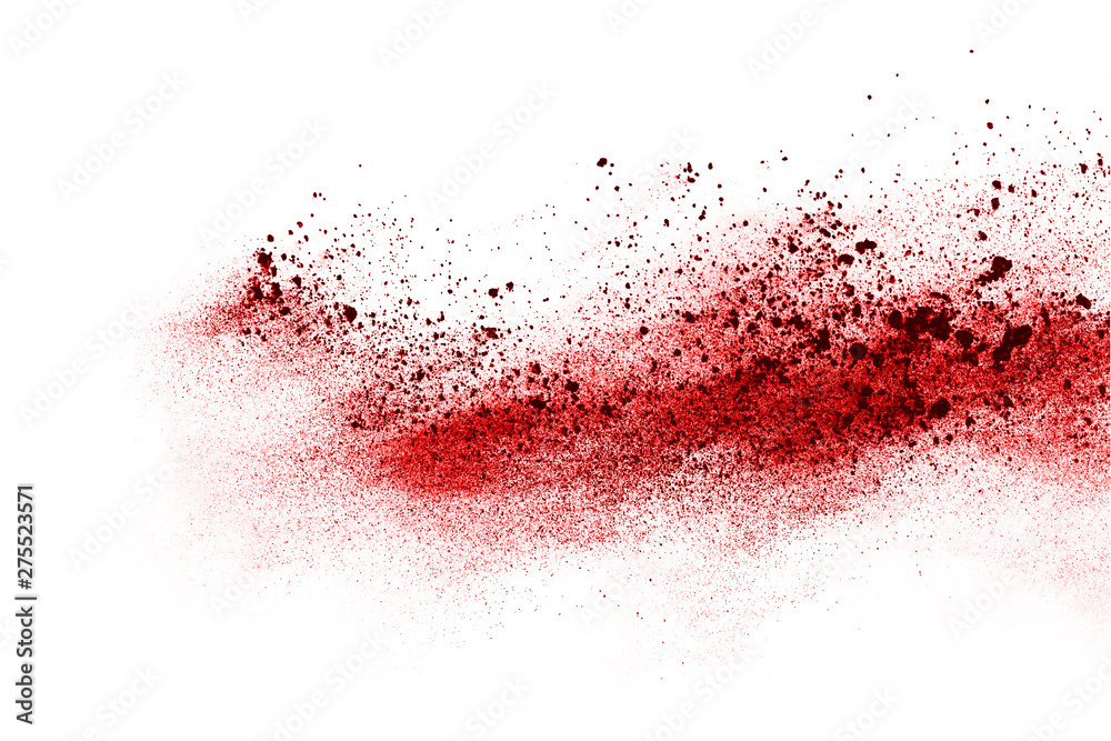Wall mural freeze motion of red powder exploding, isolated on white background. abstract design of red dust clo