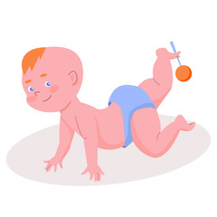 Cute funny baby in a diaper with rattle in his leg. Isolated a baby boy character in Flat style. Vector illustration