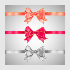 Set of three realistic white, peachy and pink silk ribbon bow with gold and silver glitter shiny stripes, vector illustration for decoration, promotion, advetrisment, sale or celebration banner
