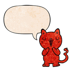 cartoon cat and speech bubble in retro texture style