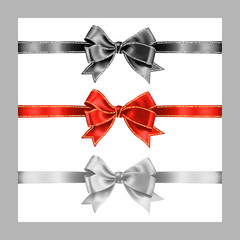 Set of three realistic white, red and black silk ribbon bow with gold and silver glitter shiny stripes, vector illustration for decoration, promotion, advetrisment, sale or celebration banner or card