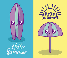 summer label with umbrella open and surfboard kawaii