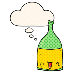 cartoon wine bottle and thought bubble in comic book style