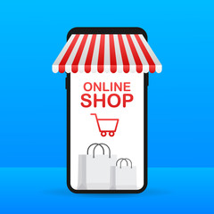 Shopping Online on Website. Online store, shop concept on smartphone screen. Vector stock illustration.