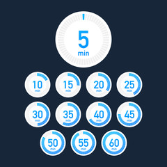 Set of timers. Sign icon. Full rotation arrow timer. Colored flat icons. Set of 12 timer icons. Flat Design Vector stock Illustration