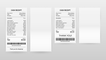 Receipts vector illustration of realistic payment paper bills for cash or credit card transaction. Vector stock illustration.
