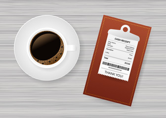 Folder with paper check. Coffee cup. Restaurant bill paying. Cashier check, invoice, order. Vector stock illustration.