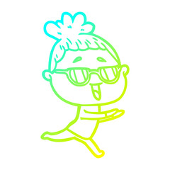 cold gradient line drawing cartoon happy woman wearing spectacles