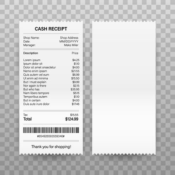 Receipts vector illustration of realistic payment paper bills for cash or credit card transaction. Vector stock illustration.