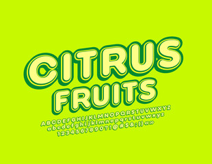 Vector bright emblem Citrus Fruits. Fresh yellow and green Font. Stylish Alphabet Letters, Numbers and Symbols