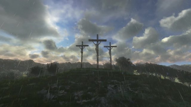 Jesus on cross, timelapse sunset, raining