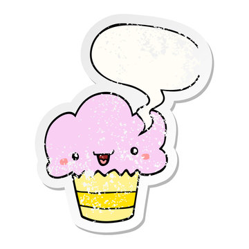 cartoon cupcake and face and speech bubble distressed sticker