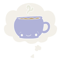 cartoon hot cup of coffee and thought bubble in retro style