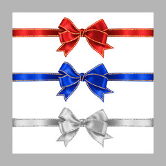 Set of three realistic white, blue and red silk ribbon bow with gold and silver glitter shiny stripes, vector illustration for decoration, promotion, advetrisment, sale or celebration banner or card