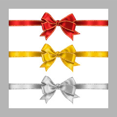 Set of three realistic white, yellow and red silk ribbon bow with gold and silver glitter shiny stripes, vector illustration for decoration, promotion, advetrisment, sale or celebration banner or card