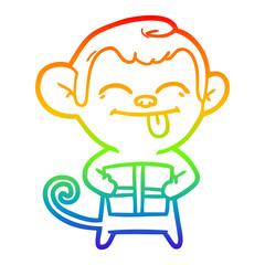 Obraz premium rainbow gradient line drawing funny cartoon monkey with christmas present