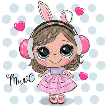 Cartoon Girl in a pink dress and headphones