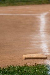 Chalk lines the field with the edge of the fresh grass and baseball base