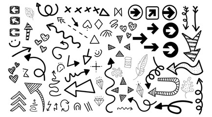 Obraz premium Cartoon pictures set of different hand drawn arrows. Mixed style white and black flat icons. Vector illustration. White background.