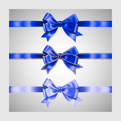 Set of three realistic blue silk ribbon bow with gold glitter shiny stripes, vector illustration elements, for decoration, promotion, advetrisment, sale or celebration banner or card