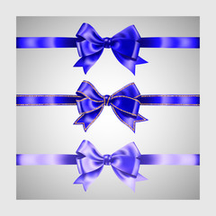 Set of three realistic rich blue silk ribbon bow with gold glitter shiny stripes, vector illustration elements, for decoration, promotion, advetrisment, sale or celebration banner or card