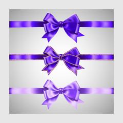 Set of three realistic purple silk ribbon bow with gold glitter shiny stripes, vector illustration elements, for decoration, promotion, advetrisment, sale or celebration banner or card