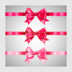 Set of three realistic pink silk ribbon bow with gold glitter shiny stripes, vector illustration elements, for decoration, promotion, advetrisment, sale or celebration banner or card