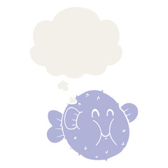cartoon puffer fish and thought bubble in retro style