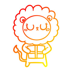 warm gradient line drawing cartoon lion with christmas present