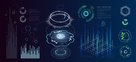 Technology futuristic modern user interface circle shapes. HUD elements. Futuristic Sci Fi Abstract Set. Futuristic blue virtual graphic touch user interface. Set of Circular Design Element