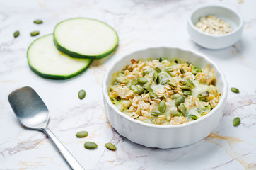 cheese pepita oats zucchini casserole with zucchini slices