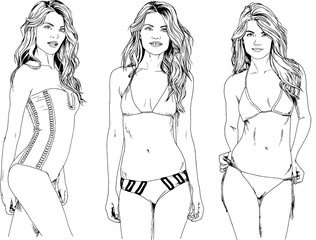 Fototapeta na wymiar vector drawings sketches beautiful girls blondes in swimsuits in sexual poses drawn in ink by hand , objects with no background 