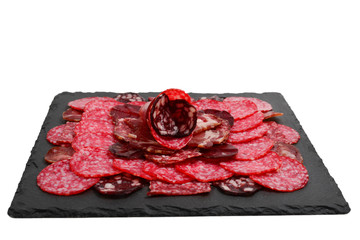 Different kinds of meat cuts on the boards. On a wooden background.