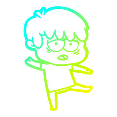cold gradient line drawing cartoon exhausted boy