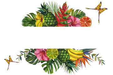 Watercolor tropical card with and tropical leaves background, exotic floral design for banner, flyer, invitation, poster, web site or greeting card.