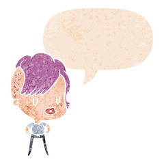 cartoon girl and speech bubble in retro textured style