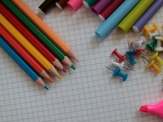 Pencils and school stationary on paper background