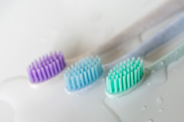 three toothbrushes of different colors on white background.