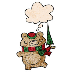 cartoon bear with umbrella and thought bubble in grunge texture pattern style