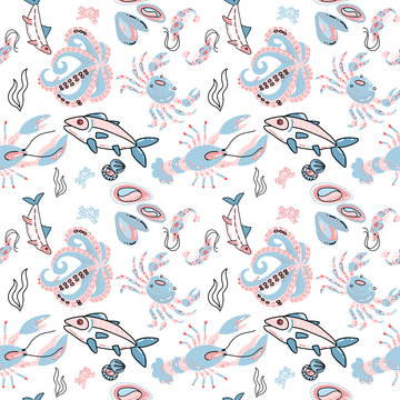 Light blue Seafood seamless patern with hand drawn doodle illusration in scandinavian style. Print isolated in white background. Many marine inhabitants - fishes, octopus, shells, crab, lobster