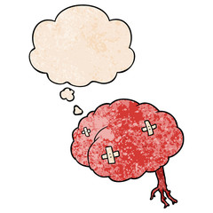 cartoon injured brain and thought bubble in grunge texture pattern style